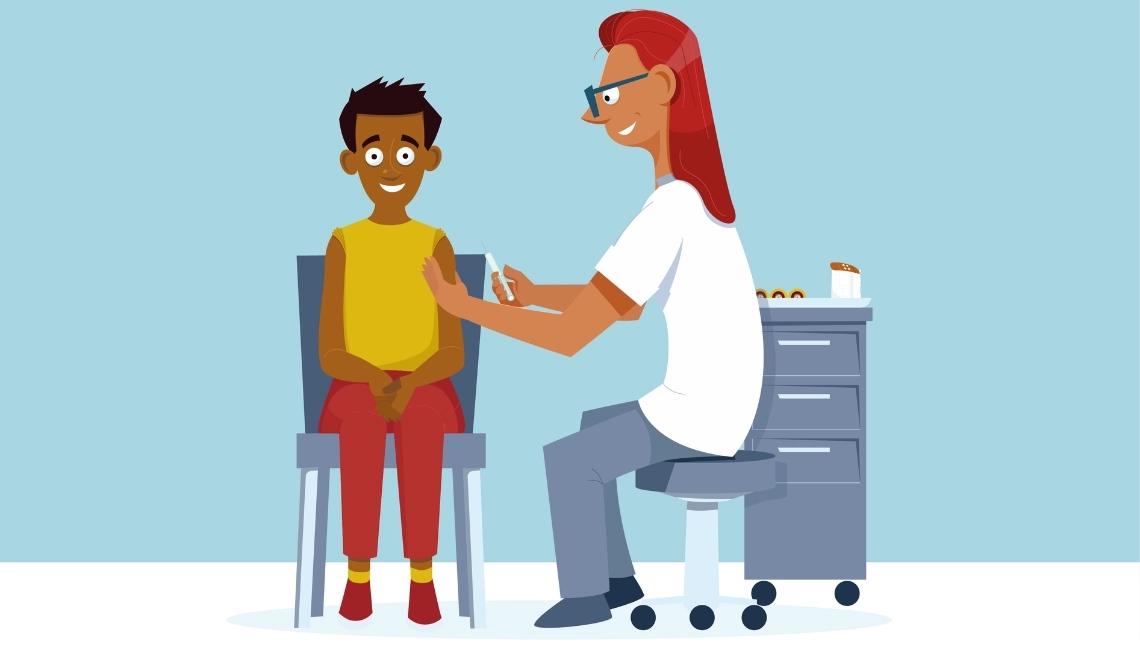 Animatie Steffie: arts die een kind op een stoel een vaccin geeft in zijn arm.