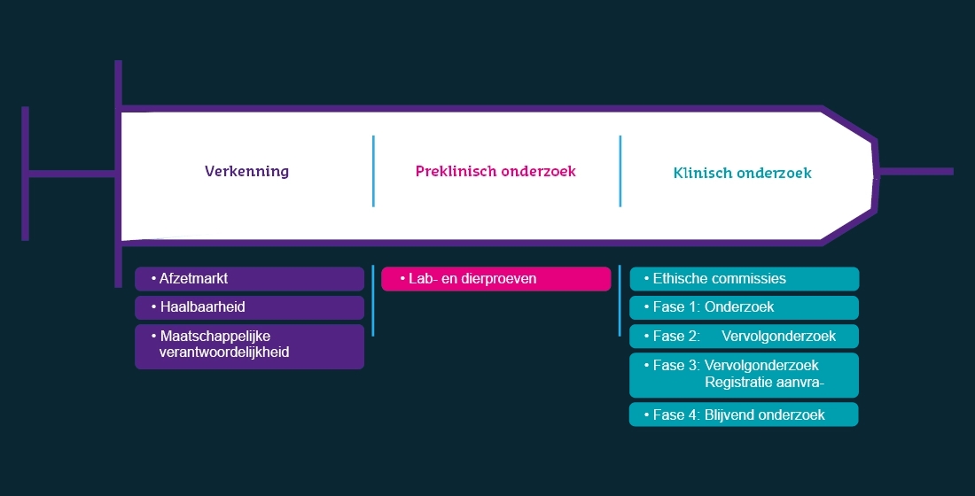 Infographic van de stappen hoe een vaccin wordt ontwikkeld: van verkenning naar preklinisch onderzoek tot klinisch onderzoek