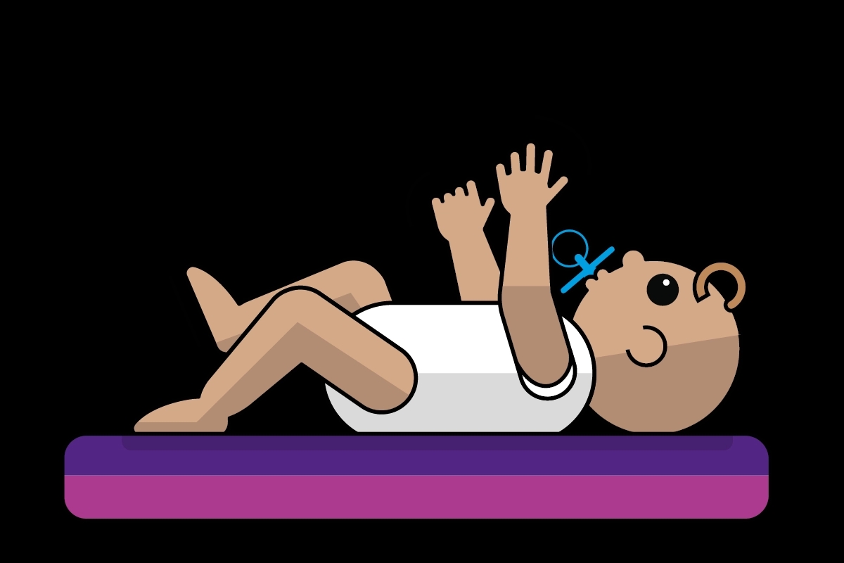 Illustratie van baby van 6 tot 9 weken die in romper op aankleedkussen ligt