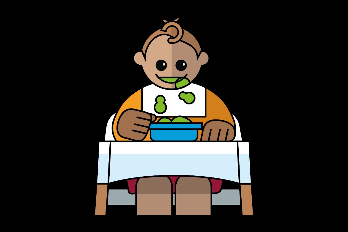 Illustratie van baby van 7 maanden die in kinderstoel een hapje eet