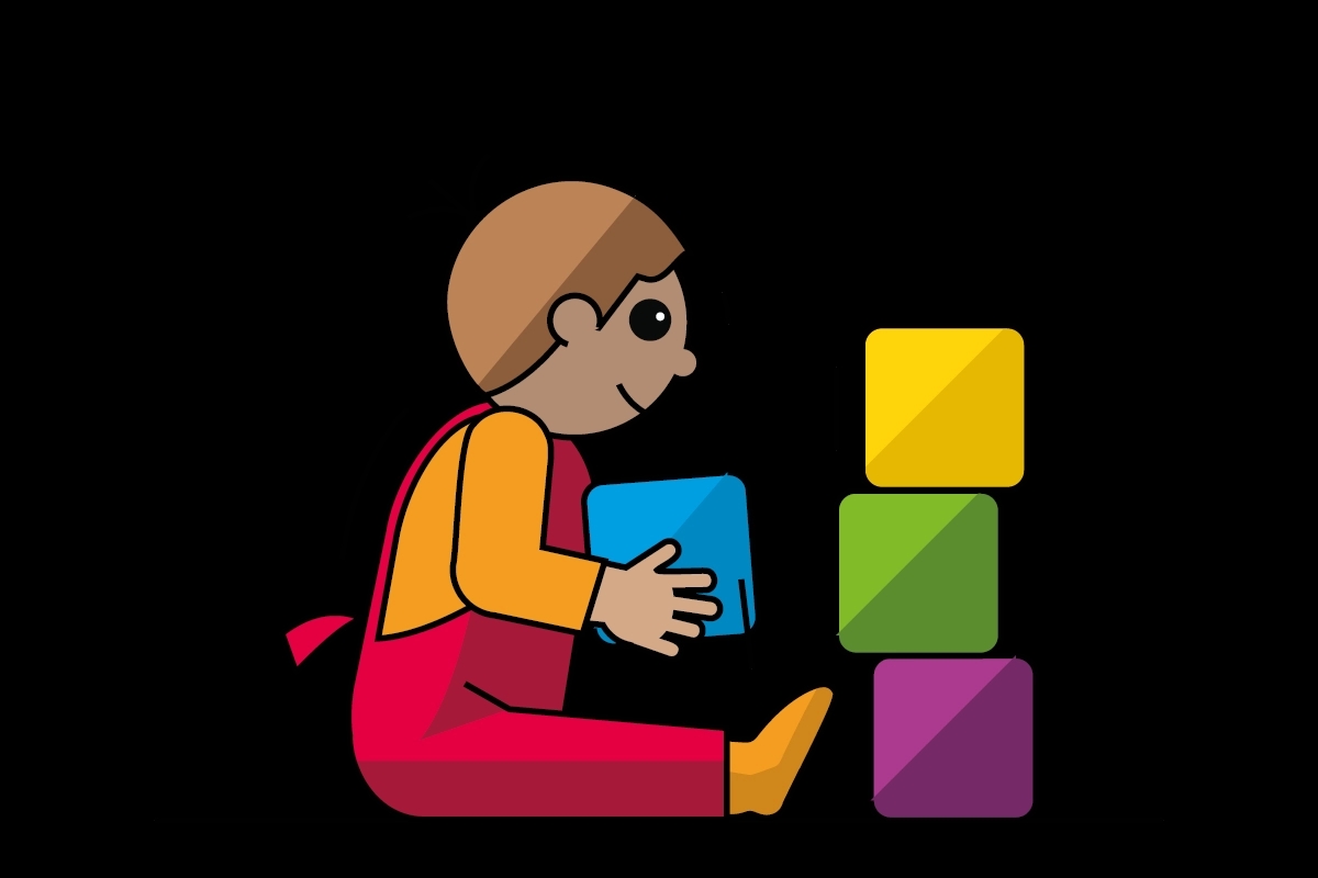 Illustratie van kind van 1 jaar die met blokken speelt