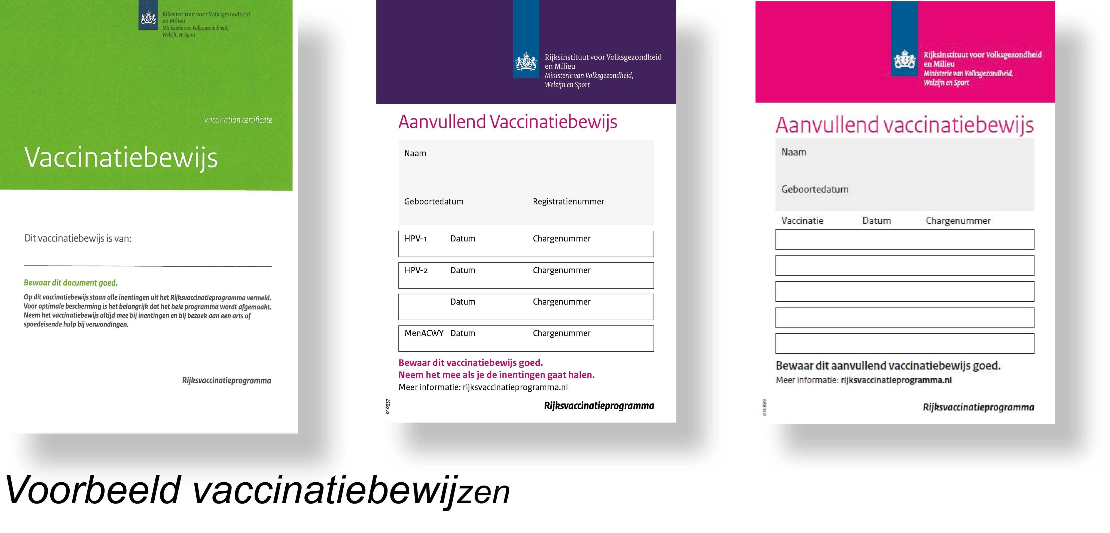 Voorbeeld van 3 verschillende vaccinatiebewijzen van het RIVM