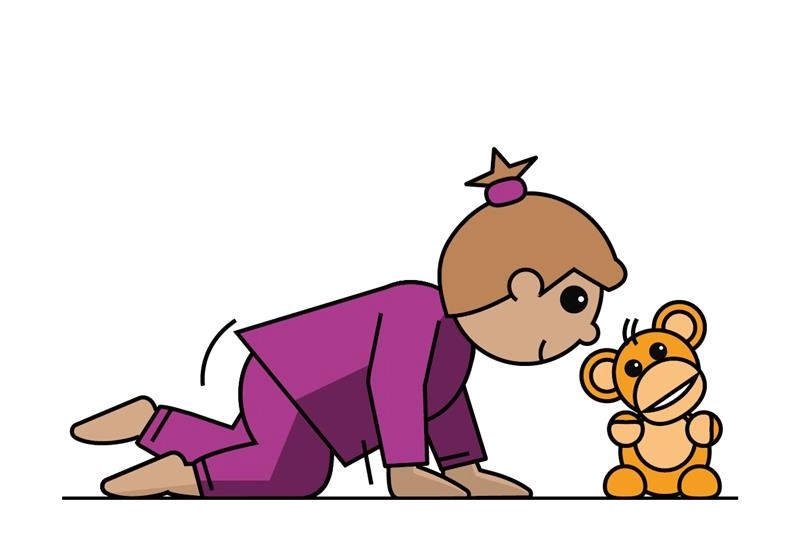 Illustratie van kind van 14 maanden die kruipt en met knuffel speelt