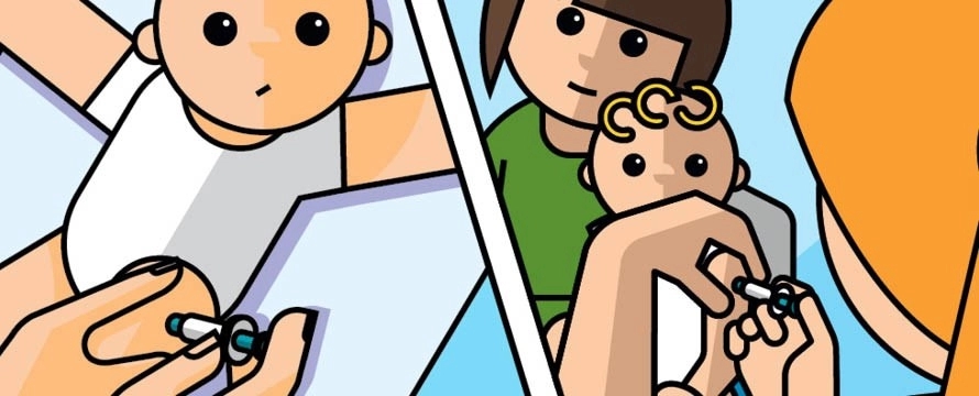 Illustratie van prik bij baby in been en bij jong kind in bovenarm