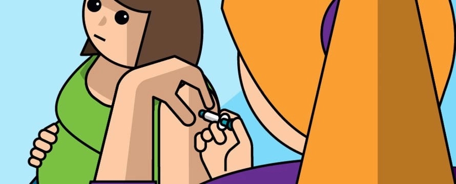 Illustratie van prik bij zwangere vrouw in bovenarm